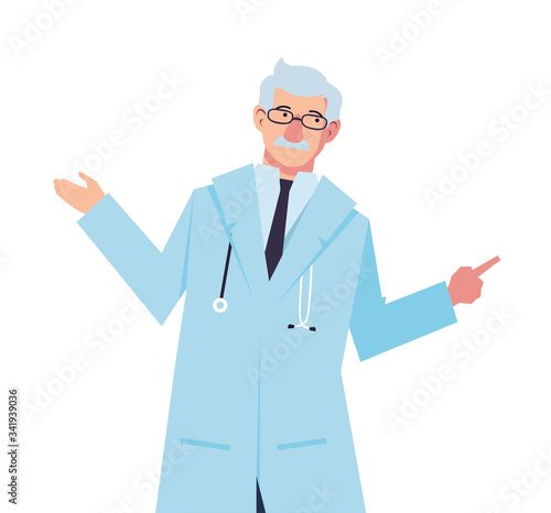 man doctor standing, medical staff on white background
