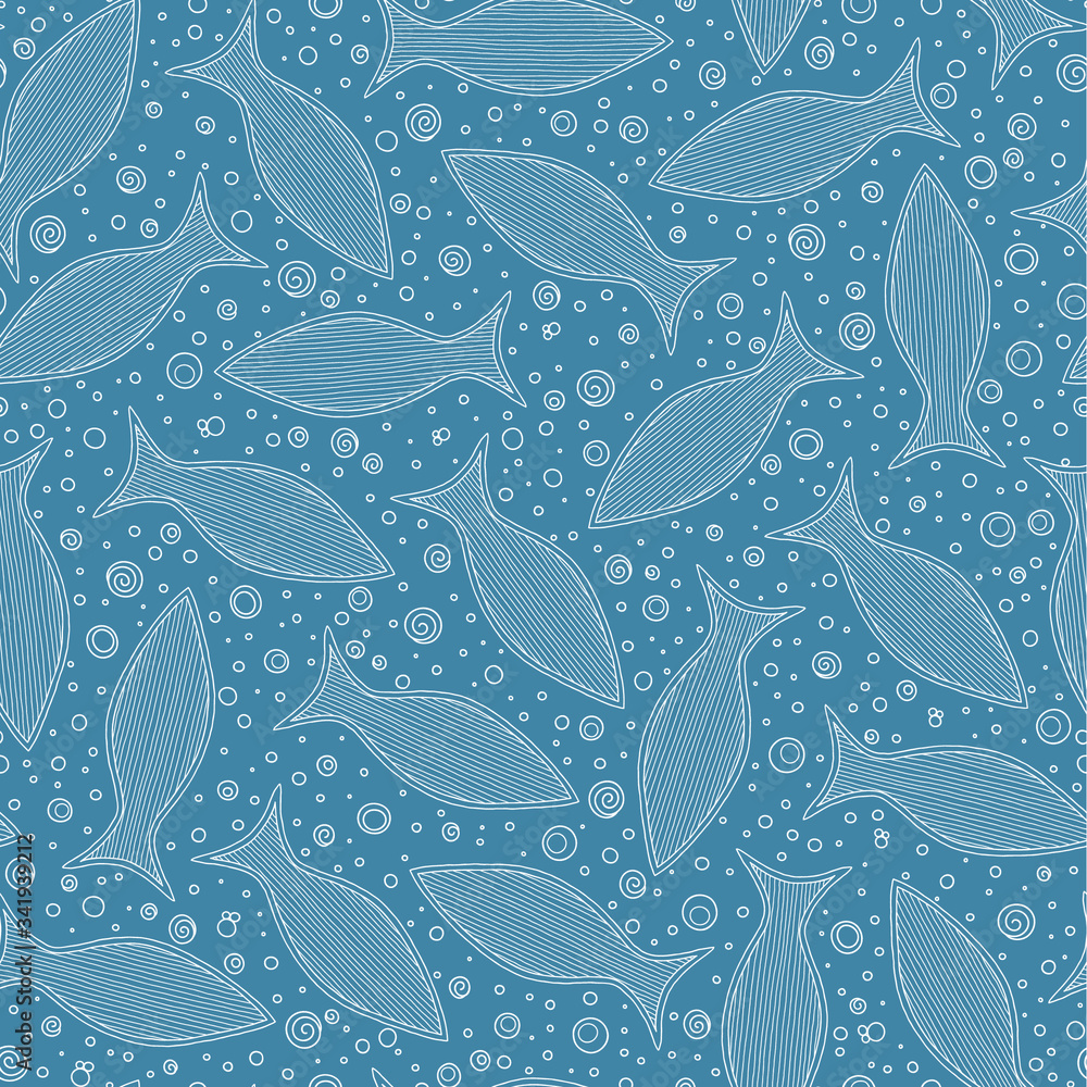 Sea seamless pattern with hand drawn fish.