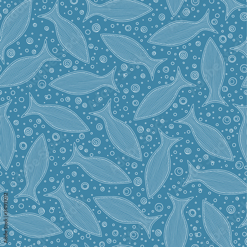 Sea seamless pattern with hand drawn fish.