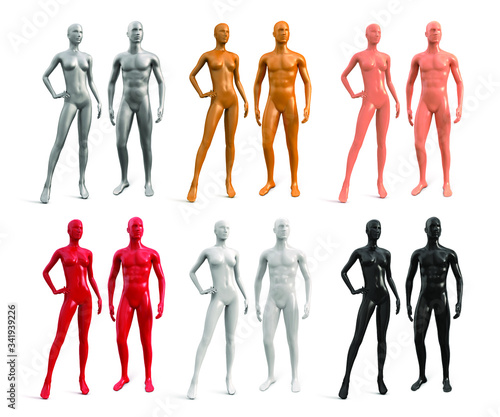 Male and female plastic mannequin. White, black, red, gold, silver, beige color. Set of vector 3d realistic human mannequins isolated on white background.