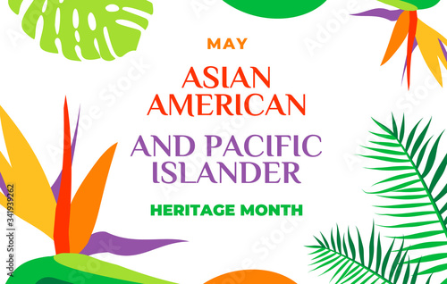 Asian American and Pacific Islander Heritage Month. Vector banner for social media, card, poster. Illustration with text, tropical plants. Asian Pacific American Heritage Month. Horizontal composition