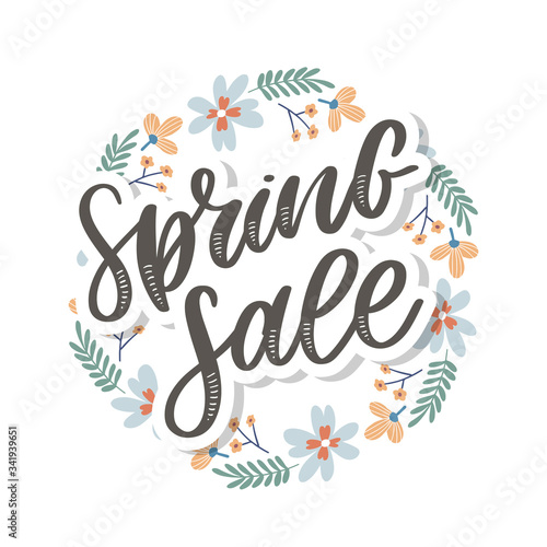 Spring Sale Word Hanging on Leaves with Strings. Vector Illustration flowers © 1emonkey