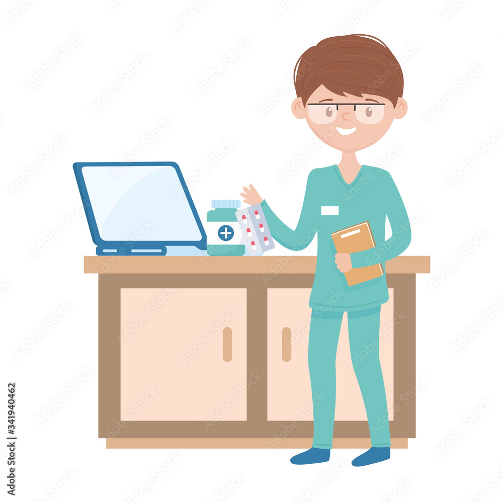 Man doctor and furniture with laptop medicine jar and pills vector design Man doctor and furniture with laptop medicine jar and pills vector design