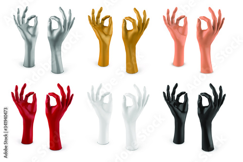 Set of female hands. Plastic mannequin in white, black, beige, gold, silver, red. Jewelry holder. Vector 3d realistic illustration isolated on white background.
