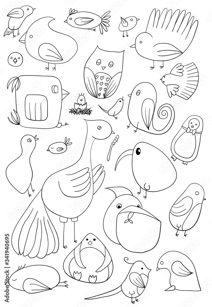Little line vector birds. Cartoon funny style