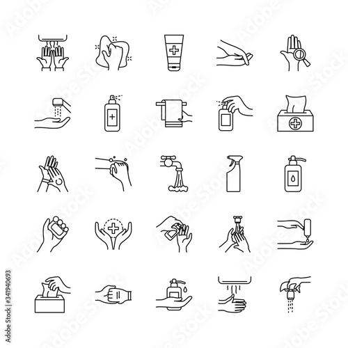 hand hygiene and cleaning icon set, line style
