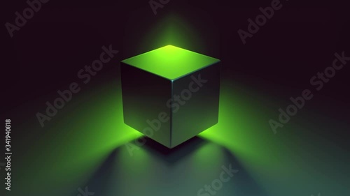 Abstract 3D render of retro spinning geometric cube. Modern colorful fluorescence ultraviolet Lightning background. Glowing and rotating in blue pink purple spectrum with illumination, 4k animation.