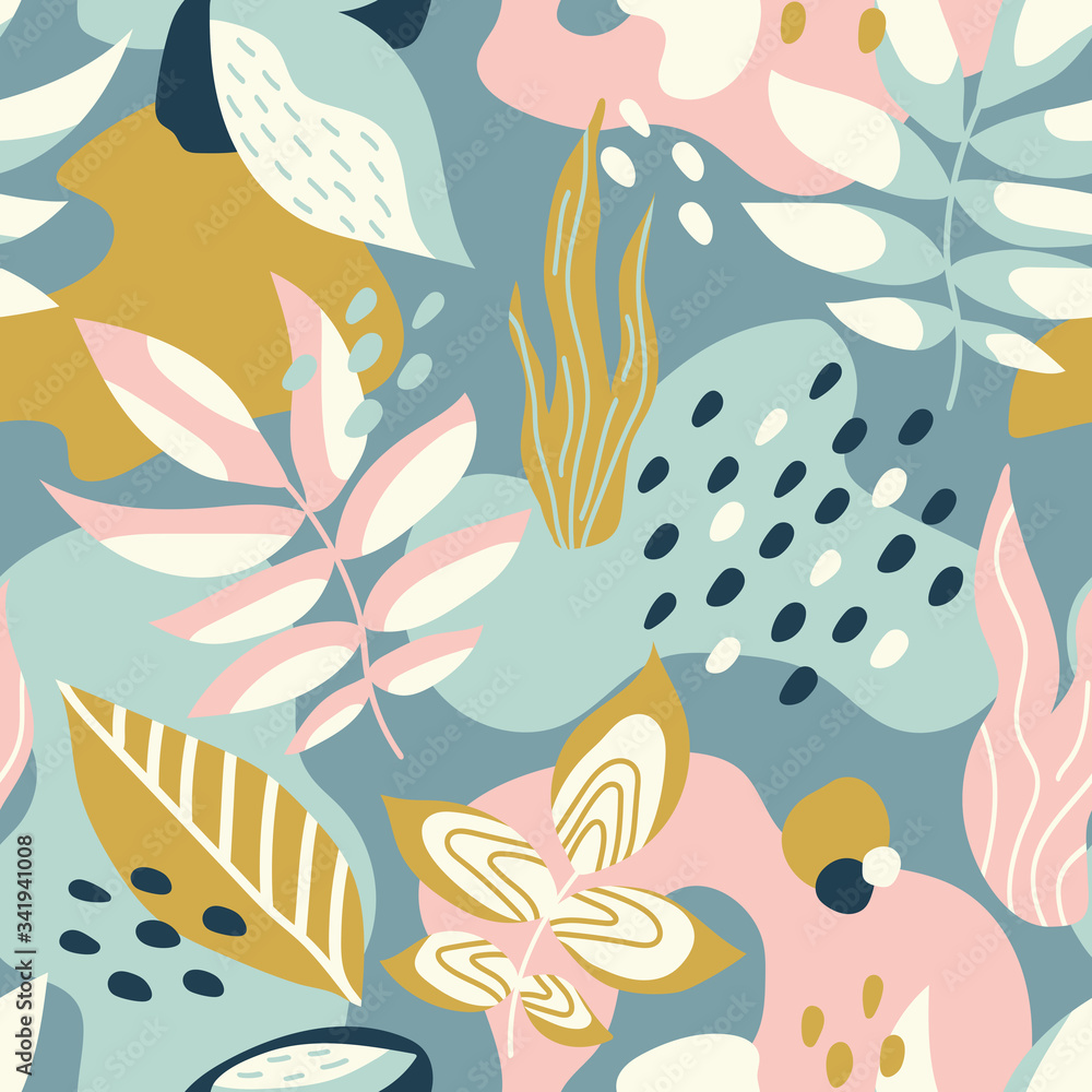 Naklejka premium Abstract seamless pattern with tropical leaves. Vector Hand drawn texture with different leaves, lines, dots and shapes. Creative universal artistic Fun background botanical design in Scandinavian sty