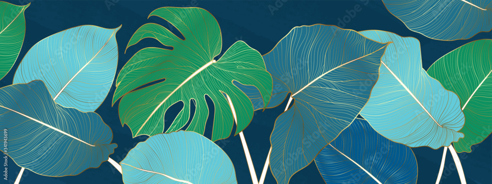 Luxury gold and nature green background vector. Floral pattern, Golden split-leaf Philodendron plant with monstera plant line arts, Vector illustration. - obrazy, fototapety, plakaty 