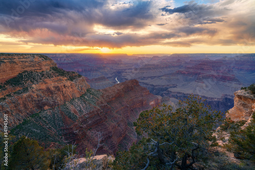 sunset at hopi point on the rim trail at the south rim of grand canyon in arizona, usa