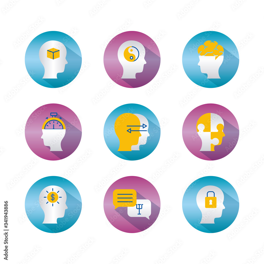 heads and Mental health icon set, block gradient style heads and Mental health icon set, block gradient style