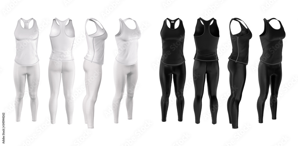 Sports women's singlet and leggings of white and black. Front, back ...