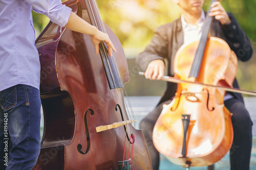 Musician man is practicing the double bass (Contrabass) and cello playing with the melodiousness. Selected focus.