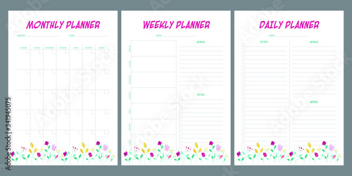 Set of planners with floral summer design. Monthly, weekly, daily planner.