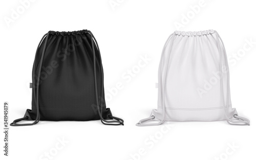Backpack bag is white and black color. Template for logo, branding, design. Front view. 3D realistic detailed mockup isolated on a white background.