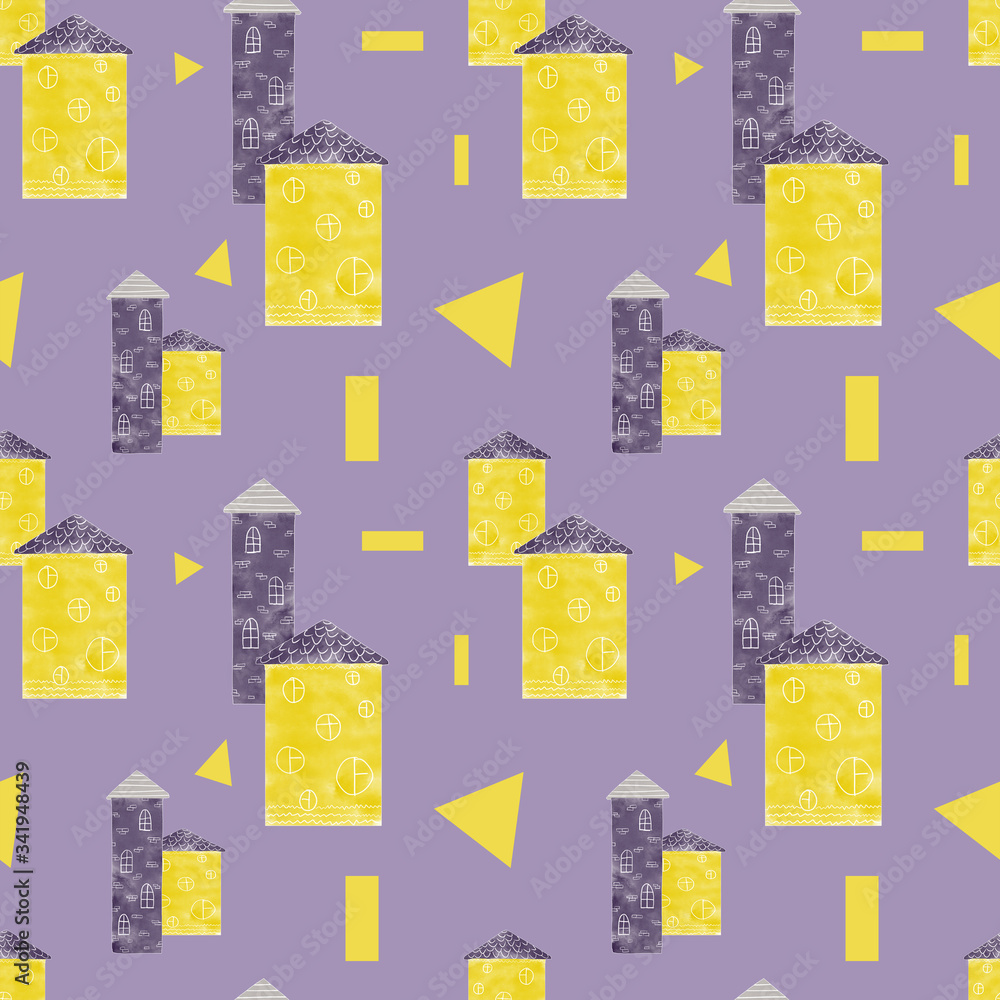 Seamless pattern of cute sunny sweet childish colorful bright yellow lilac grey, doodle little houses isolated on light purple lilac  background