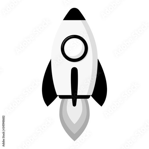 Black and white rocket ship isolated on white background. Space rocket launch. Project start up and development process. Innovation product, creative idea. Vector illustration for any design.