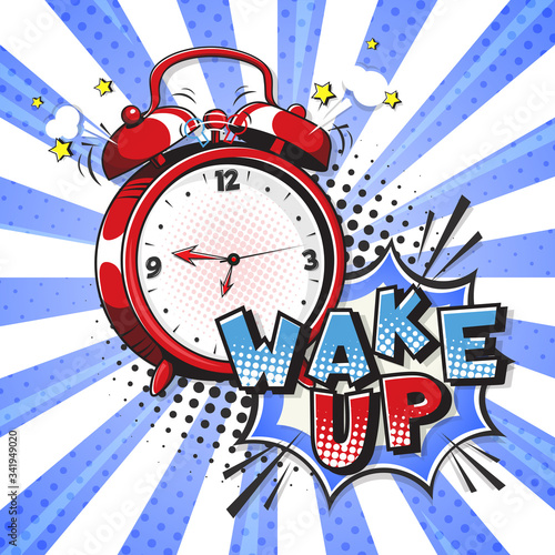 Comic alarm clock and expression speech bubble with wake up text. Vector bright dynamic cartoon illustration in retro pop art style on halftone background