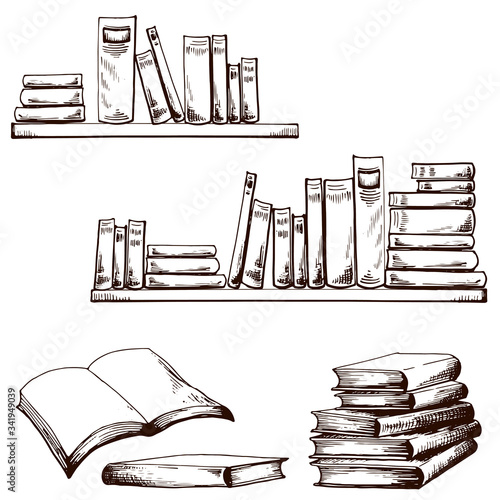 Sketch of books on wall shelves.