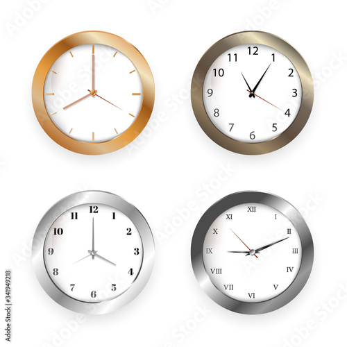 Set of realistic clock modern quartz wall clock on white background.