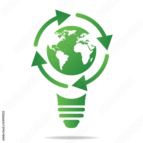Ecology concept with light bulb, earth and arrows. Save energy icon sign symbol. Recycle logo. Vector illustration for any design.