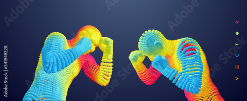Two boxer before a fight. Sport competition template. Vector illustration composed of particles.