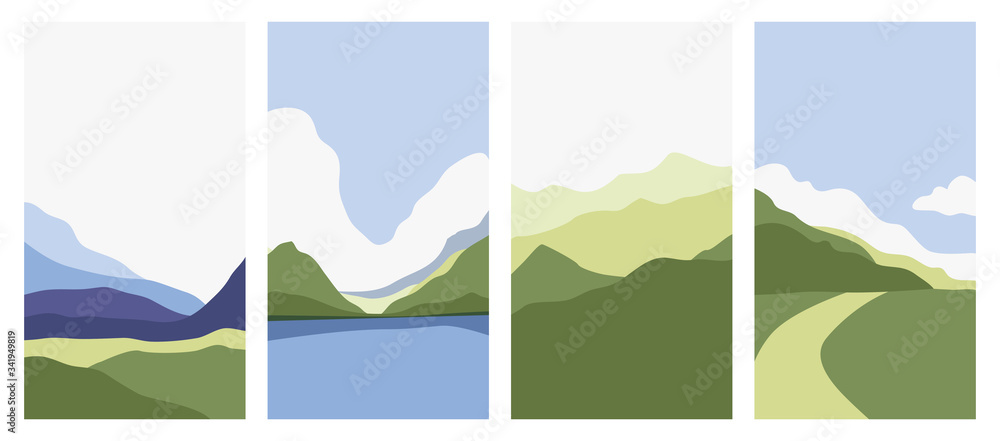 Set of vertical backgrounds, Abstract landscapes. Backgrounds with space for text - for social networks. Vector illustration -mountains, fields, lake, forest.