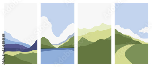 Set of vertical backgrounds, Abstract landscapes. Backgrounds with space for text - for social networks. Vector illustration -mountains, fields, lake, forest.