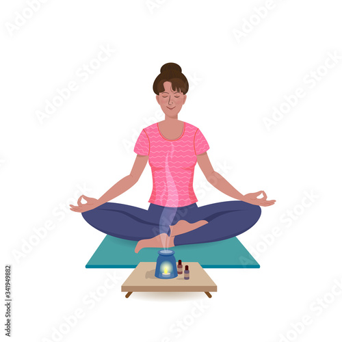 Pretty girl practices yoga sitting on the Saddhasana and enjoys the smell of aroma oil. Vector illustration in cartoon style 