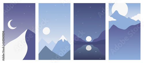 Set of vertical backgrounds, Abstract landscapes. Backgrounds with space for text - for social networks. Vector illustration -mountains, lake, forest, night, moon.