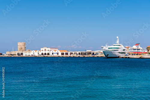 View of sea bay and Mandraki harbor in Rhodes island, Greece