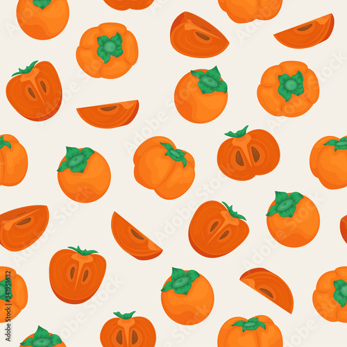 Seamless vector pattern with ripe persimmon. Whole persimmons and pieces.
