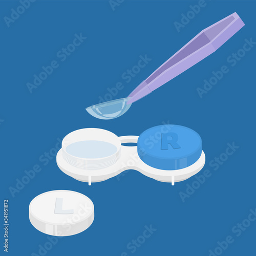 Contact lenses for vision correction. The tweezers take a soft contact lens from the container. Vector illustration