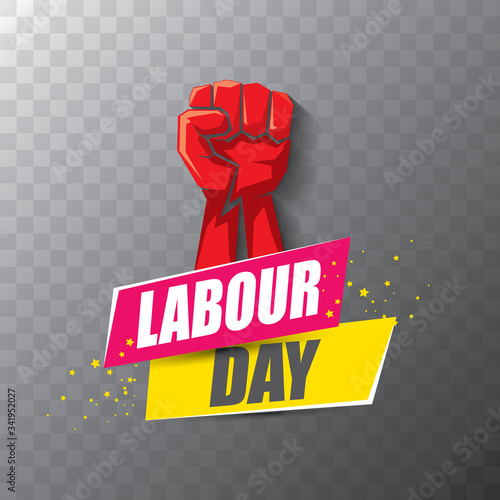 Happy labour day vector label with strong orange fist on transparent background. vector happy labor day background or banner with man hand. workers may day poster