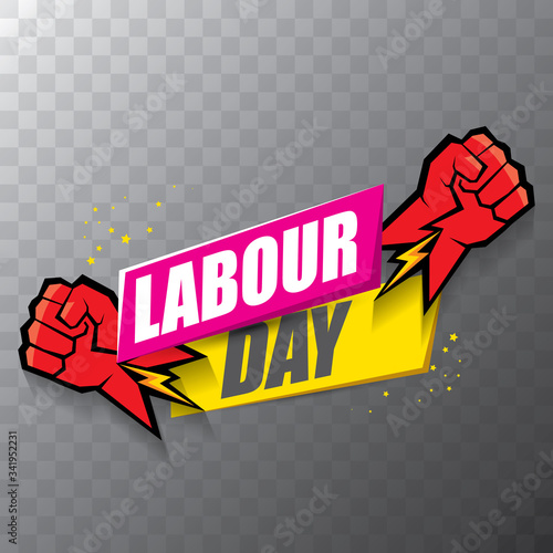 Happy labour day vector label with strong orange fist on transparent background. vector happy labor day background or banner with man hand. workers may day poster