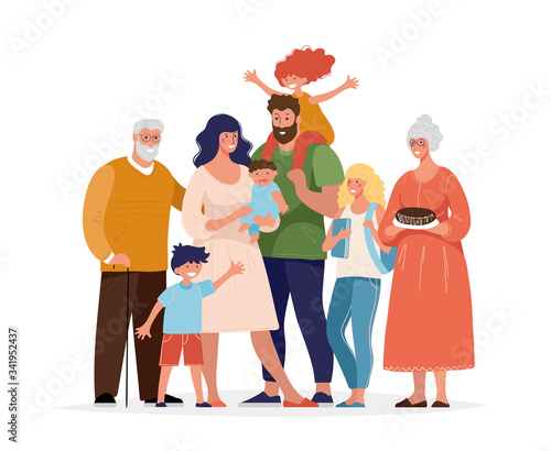 A large happy family is standing and hugging. Several generations, grandparents, parents with children, grandchildren. Flat cartoon vector illustration