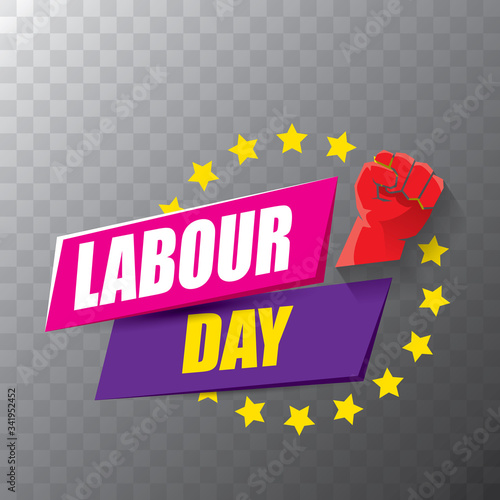 Happy labour day vector label with strong orange fist on transparent background. vector happy labor day background or banner with man hand. workers may day poster