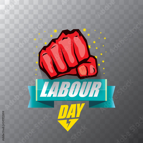 Happy labour day vector label with strong orange fist on transparent background. vector happy labor day background or banner with man hand. workers may day poster