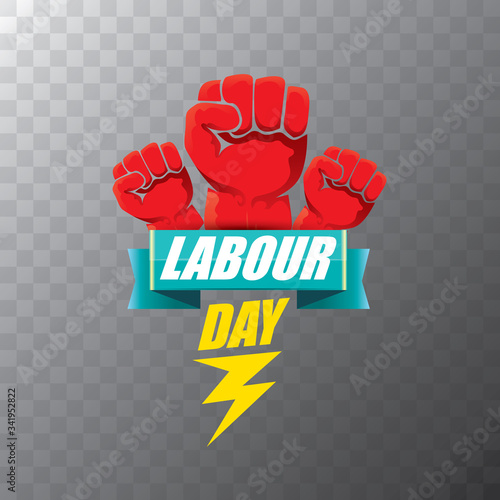 Happy labour day vector label with strong orange fist on transparent background. vector happy labor day background or banner with man hand. workers may day poster