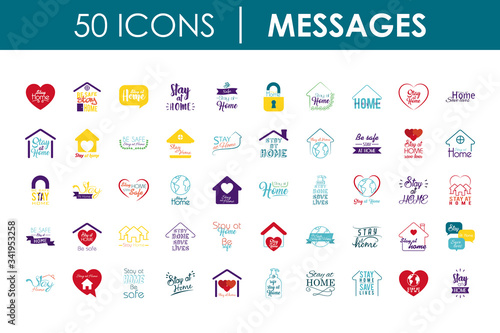 stay home messages icon set, colorful design