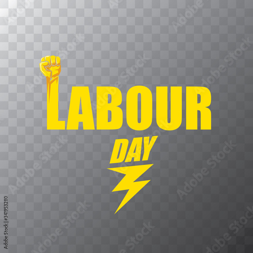 Happy labour day vector label with strong orange fist on transparent background. vector happy labor day background or banner with man hand. workers may day poster