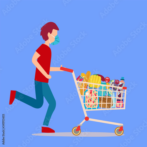 A Man wearing surgical mask pushing supermarket shopping cart