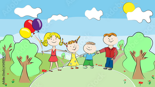 A family of four plays on the street. Parents with children play in the park. Family hold hands.