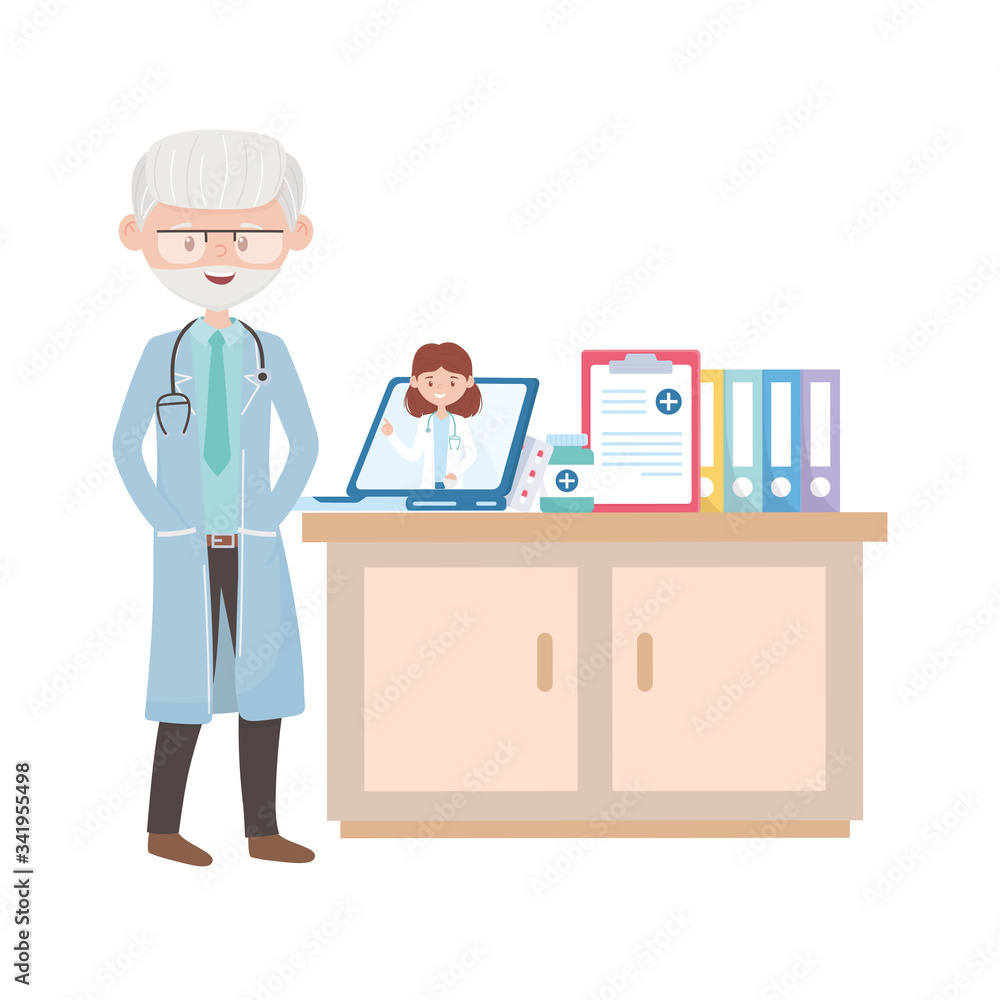 Man doctor and furniture with laptop document medicine jar and pills vector design Man doctor and furniture with laptop document medicine jar and pills vector design