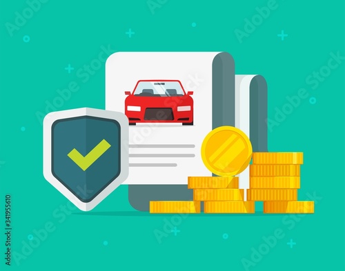 Car or auto insurance financial guarantees purchase protection or automobile secure safety buy guarantee care warranty vector flat cartoon, assurance legal doc policy concept modern design