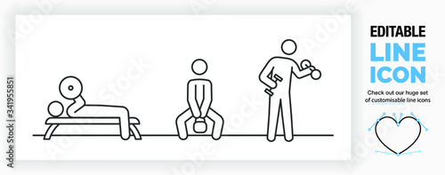 Editable real line icon set of stick figure people working out in the gym by doing muscle exercises with a dumbbell, benchpress and kettlebell in full body view in a black stroke as a eps vector file
