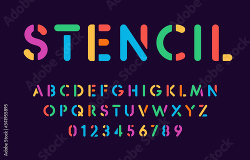 Color stencil letters and numbers set on dark background, school alphabet concept, vector typography