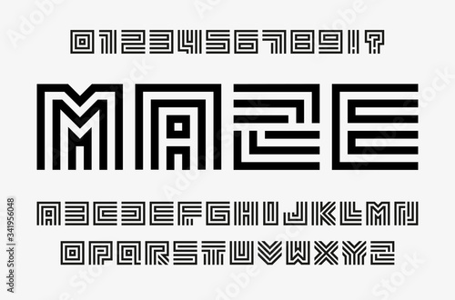Linear labyrinth letters and numbers set. Line maze style alphabet. Contout geometric font, type for lineart logo and monogram concept. Outline vector typography design