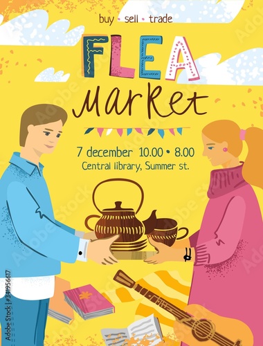 Flea market poster with a man and a woman selling vintage tableware surrounded by things with history. The banner concept is about the reuse of products. Cute cartton vector illustration