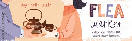 Flea market hand drawn poster in modern flat style with hand written phrase. A man and a woman pass from hand to hand ceramic dishes. The concept of recycling products. Cartoon vector illustration